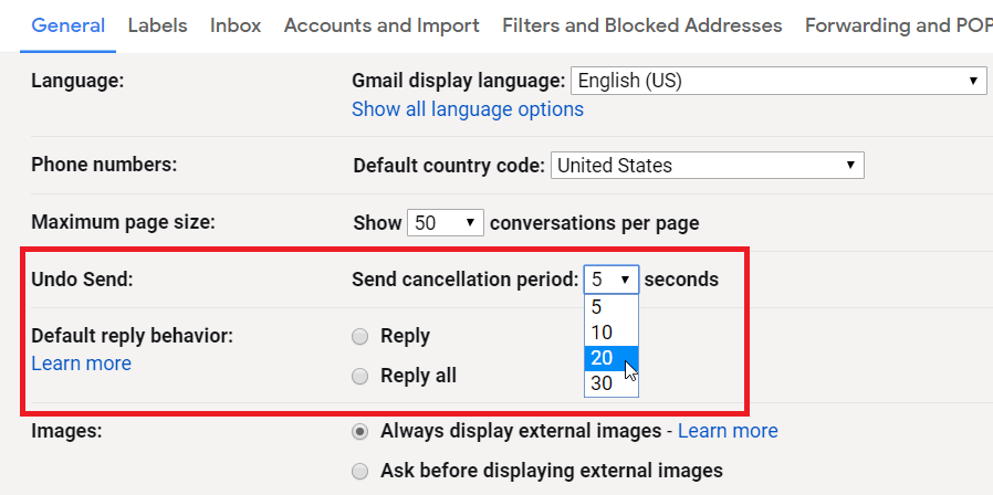 how to manage Undo Send time in Gmail